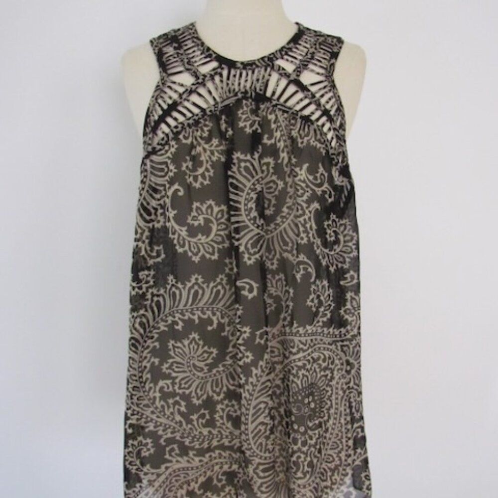 Anthropologie Leifnotes Silk Top Paisley Print Lattice Trim Sleeveless Sz 14